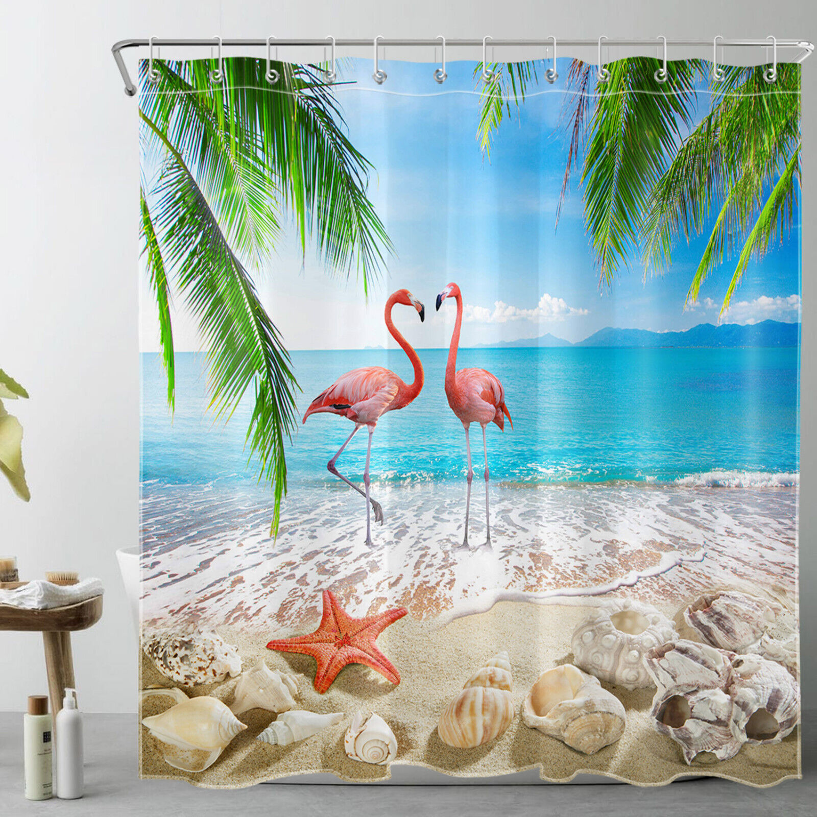 Flamingo Beach Shower Curtain Set featuring Starfish and Tropical Plants