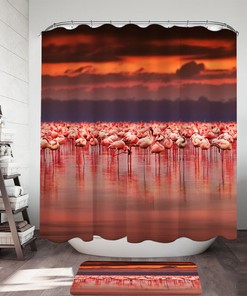 Flamingo Beneath Sunset Sky Waterproof Fabric Shower Curtain For A Lake House Or Cabin-Themed Bathroom Decor