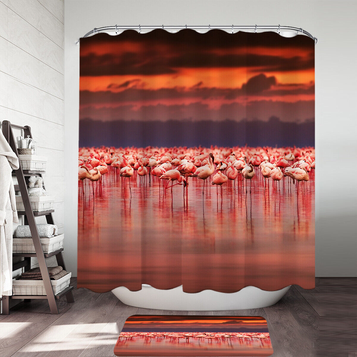 Flamingo Beneath Sunset Sky Waterproof Fabric Shower Curtain For A Lake House Or Cabin-Themed Bathroom Decor