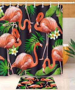 Flamingo Bird And Tropical Flowers Leaves Waterproof Fabric Shower Curtain Bath Decor