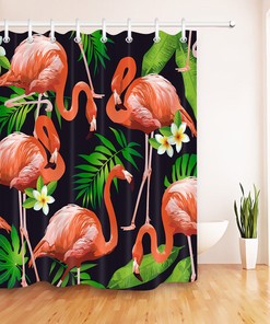 Flamingo Bird And Tropical Flowers Leaves Waterproof Fabric Shower Curtain Bath Decor