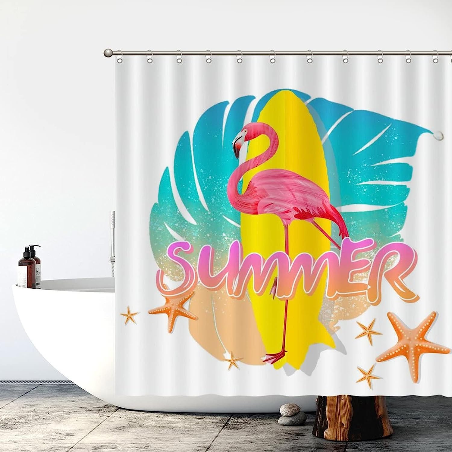 Flamingo Bird And Tropical Flowers Leaves Waterproof Fabric Shower Curtain Bath Decor For A Luxurious