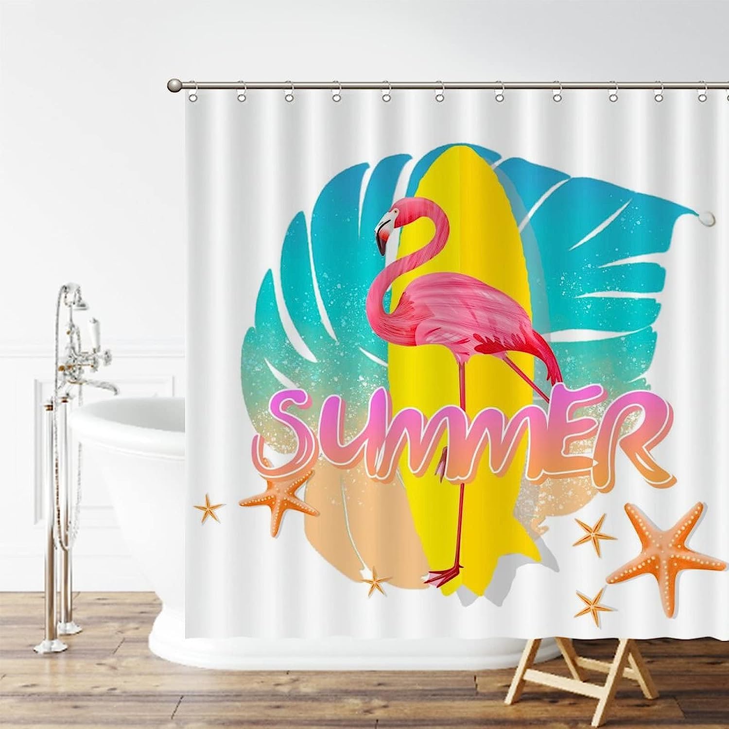 Flamingo Bird And Tropical Flowers Leaves Waterproof Fabric Shower Curtain Bath Decor For A Luxurious