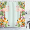 Flamingo Birds And Tropical Flowers Shower Curtain, Hawaiian Wildlife Animals Print Cloth Fabric Bathroom Decors