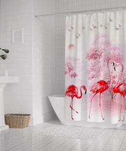 Flamingo Birds Beautiful Landscape Shower Curtain, Playful Bathroom Decor 