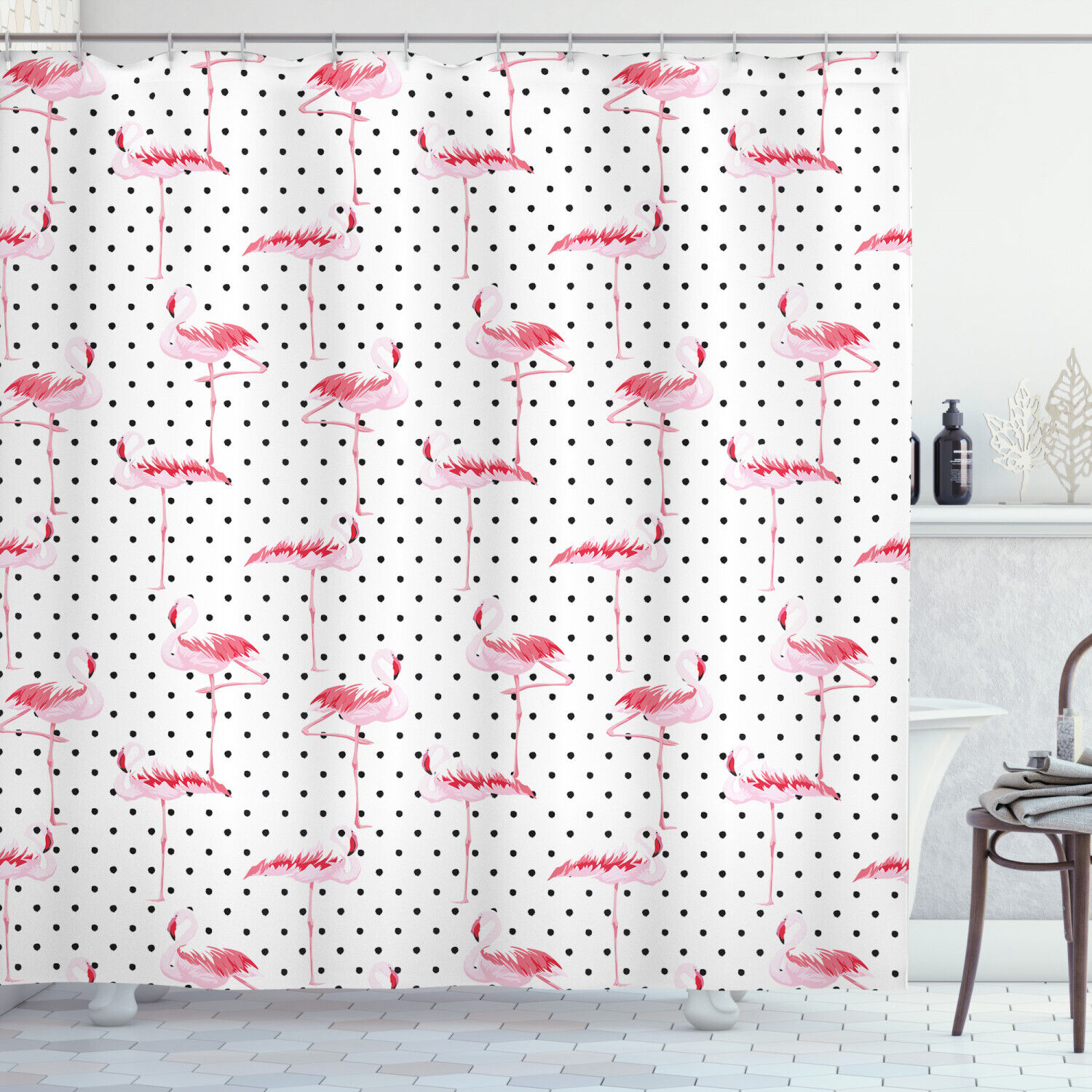 Flamingo Birds Polka Dots Print Shower Curtain for Bathroom - Unique Shower Curtain for Retro Decor