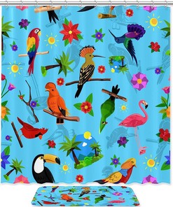 Flamingo Branch Printed Shower Curtain With Resting Birds For Colorful Bathroom Decor