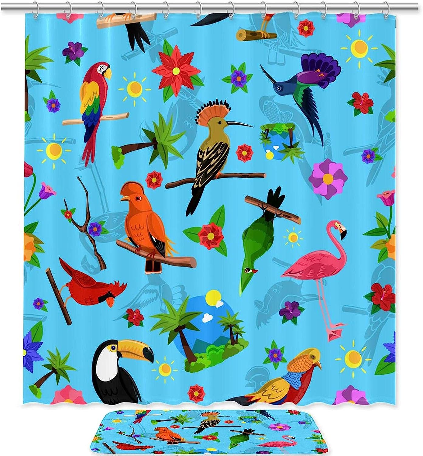 Flamingo Branch Printed Shower Curtain With Resting Birds For Colorful Bathroom Decor
