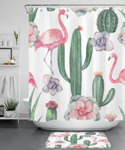 Flamingo, Cactus, and Succulents Shower Curtain 