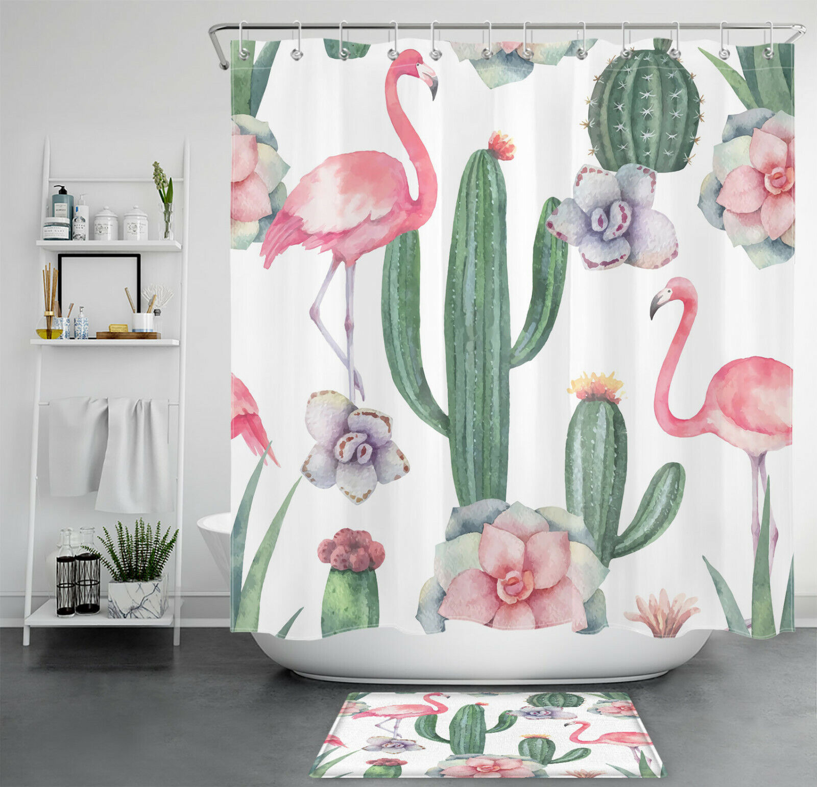 Flamingo, Cactus, and Succulents Shower Curtain