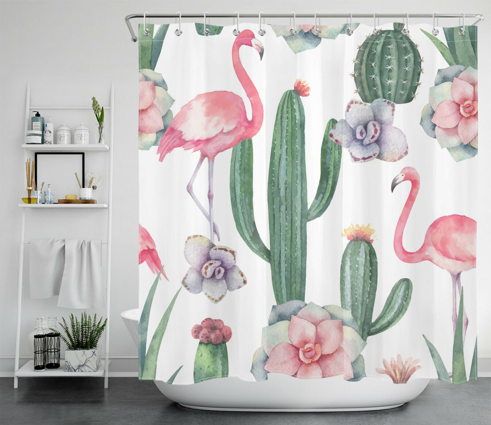 Flamingo, Cactus, and Succulents Shower Curtain