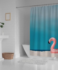 Flamingo Floating on Beach Summer Shower Curtain, Fun Bathroom Decor 