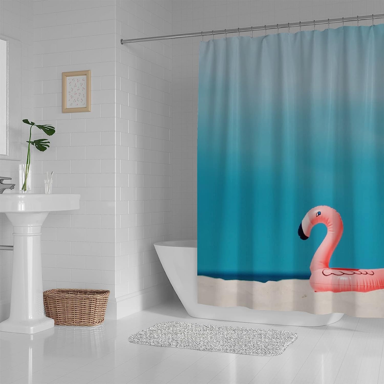 Flamingo Floating on Beach Summer Shower Curtain, Fun Bathroom Decor