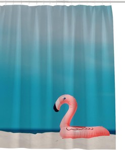Flamingo Floating on Beach Summer Shower Curtain, Fun Bathroom Decor
