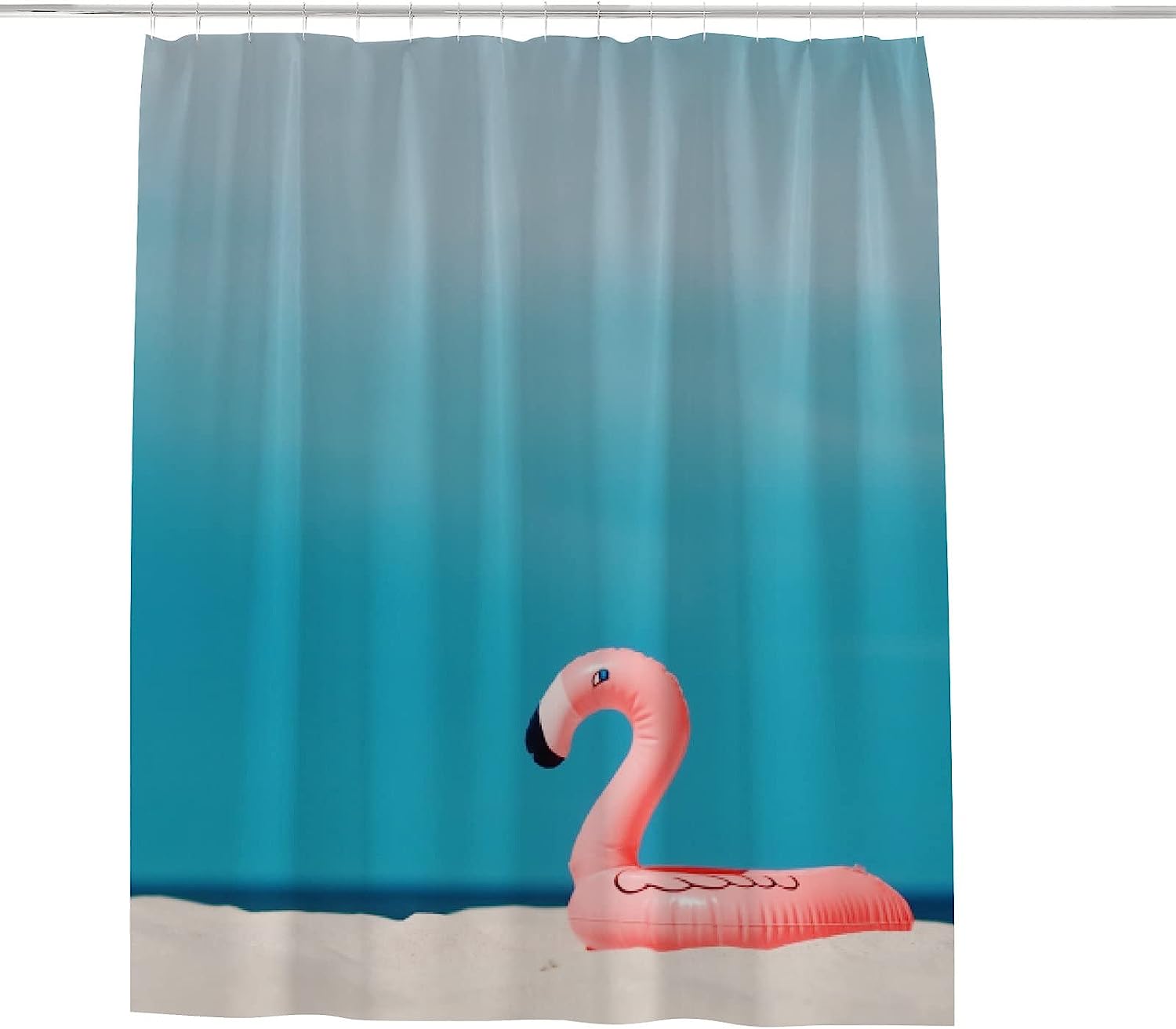 Flamingo Floating on Beach Summer Shower Curtain, Fun Bathroom Decor