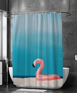 Flamingo Floating on Beach Summer Shower Curtain, Fun Bathroom Decor