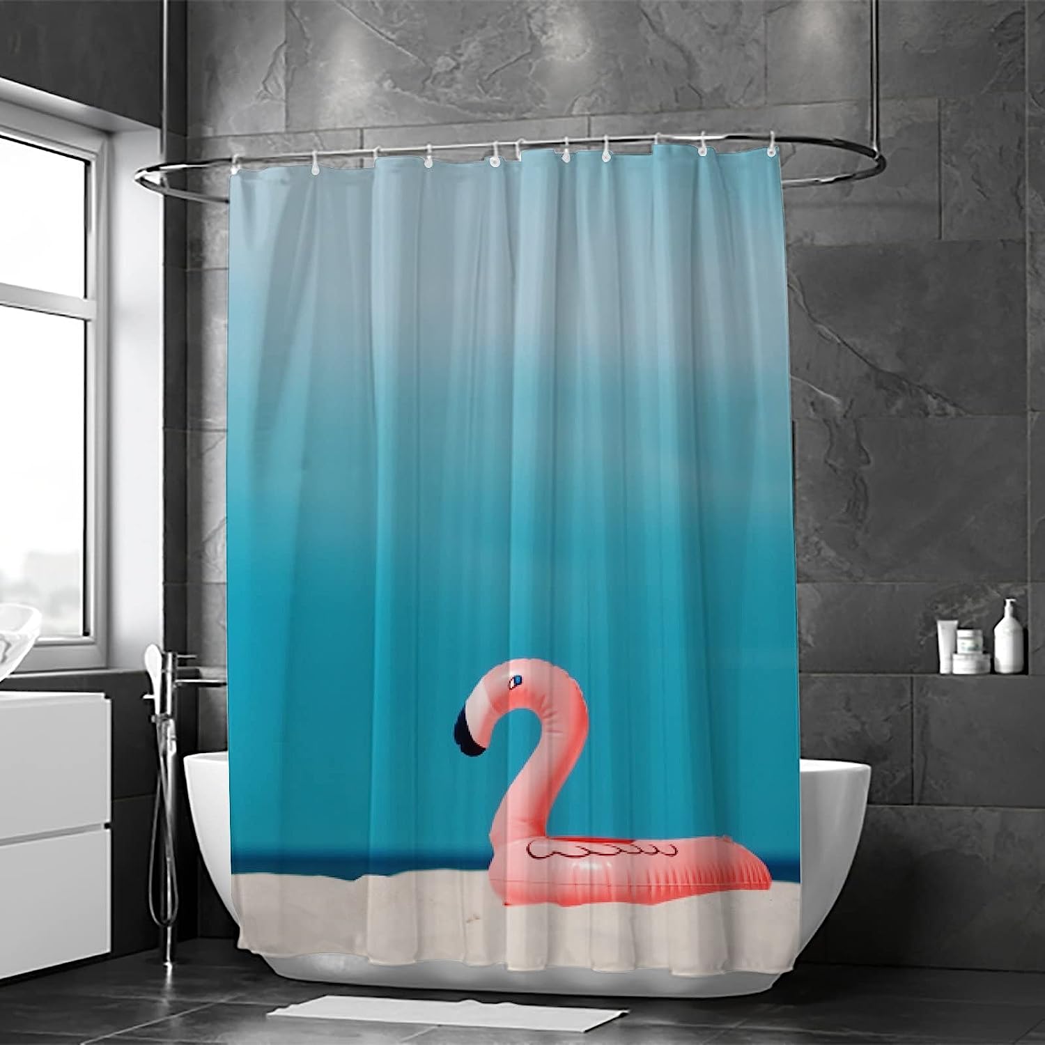 Flamingo Floating on Beach Summer Shower Curtain, Fun Bathroom Decor