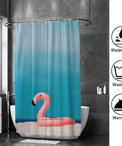 Flamingo Floating on Beach Summer Shower Curtain, Fun Bathroom Decor