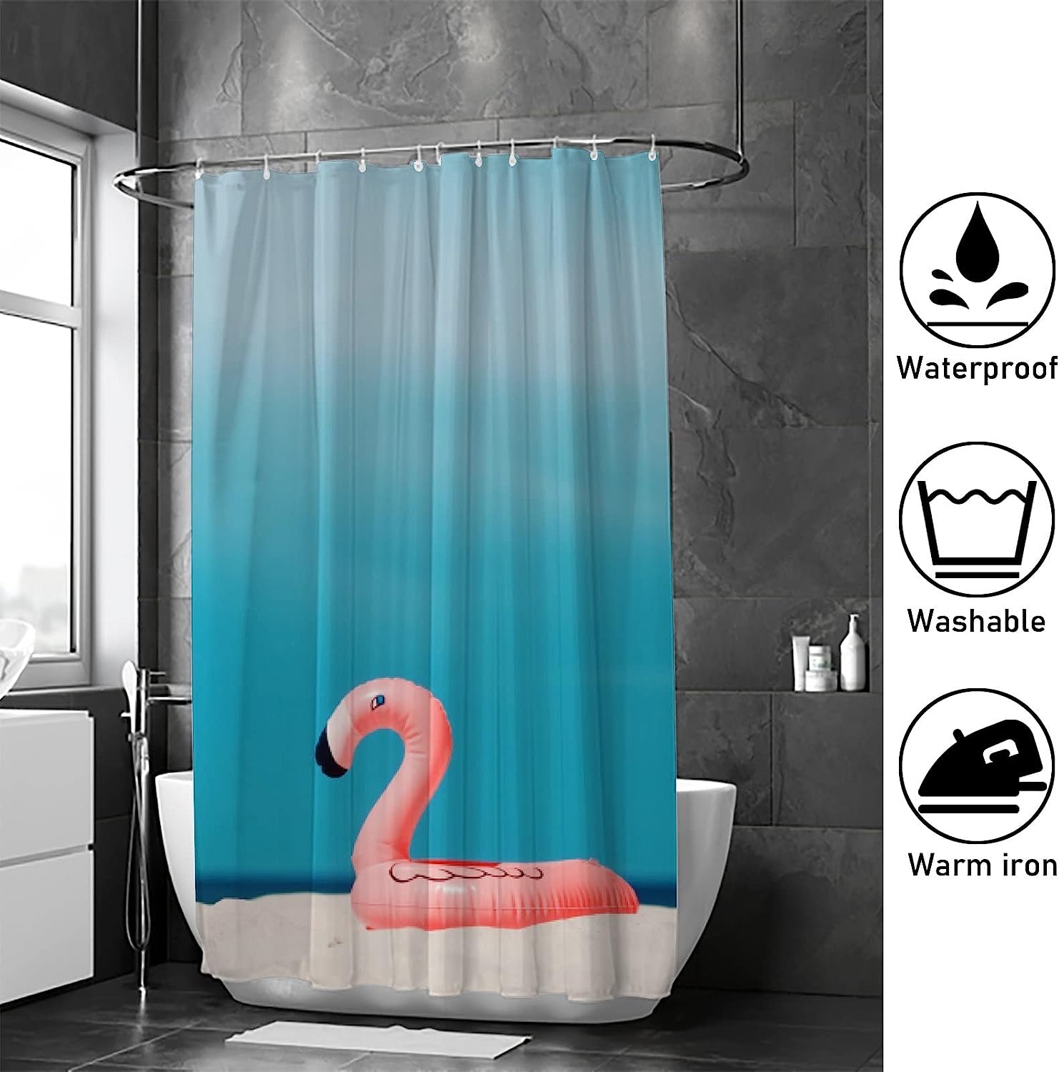 Flamingo Floating on Beach Summer Shower Curtain, Fun Bathroom Decor