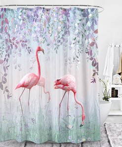 Flamingo Flower Leaves Animal Shower Curtain - 3D Print