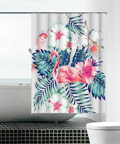 Flamingo & Flowering Shrubs Shower Curtain - Tropical Bathroom Decor