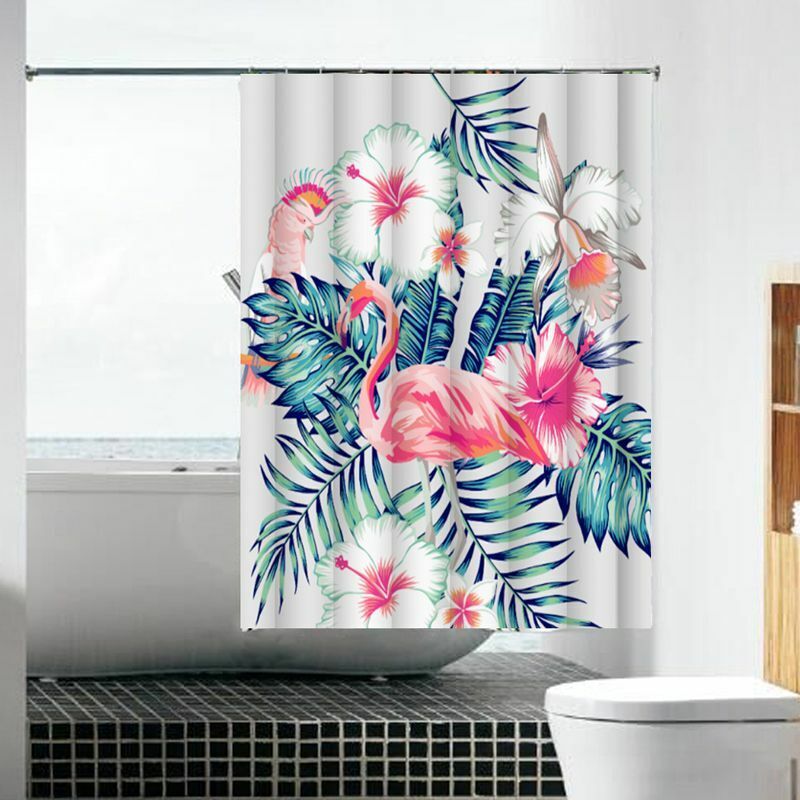 Flamingo & Flowering Shrubs Shower Curtain - Tropical Bathroom Decor