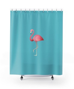 Flamingo Lake Life Light Blue Shower Curtain For A Beachy Lake House Or Cabin-Themed Bathroom Decor
