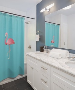 Flamingo Lake Life Light Blue Shower Curtain For A Beachy Lake House Or Cabin-Themed Bathroom Decor