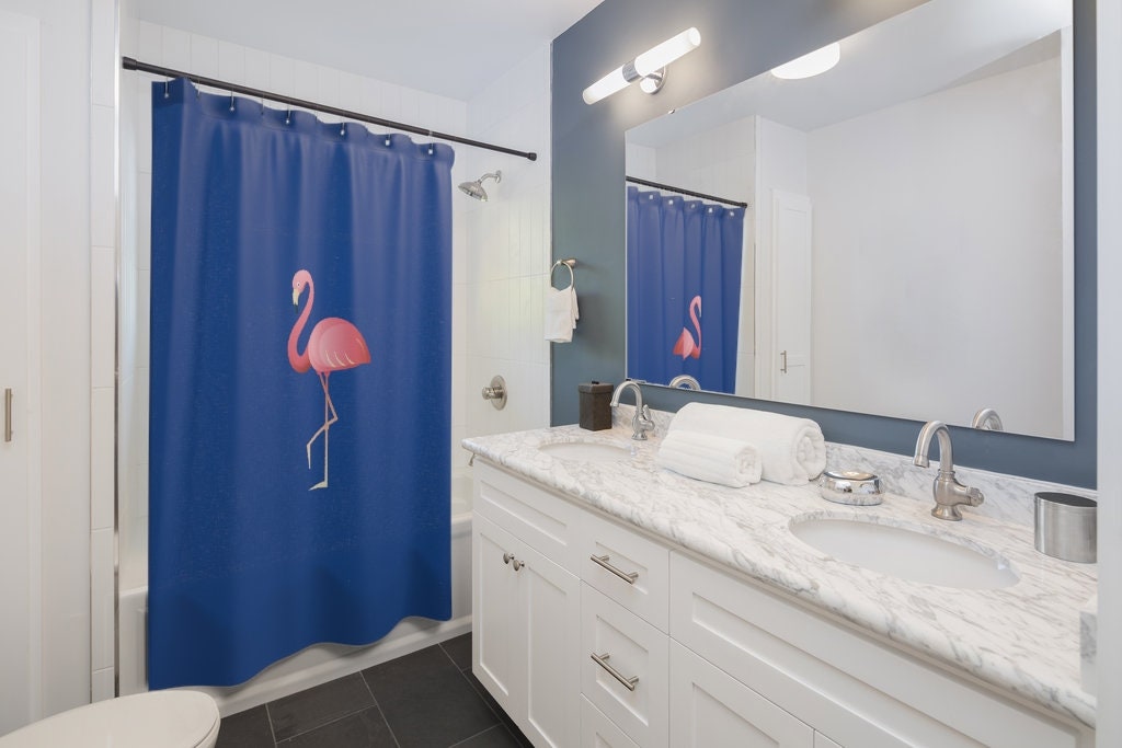 Flamingo Lake Life Royal Blue Shower Curtain For A Stylish Lake House Or Cabin-Themed Bathroom Decor