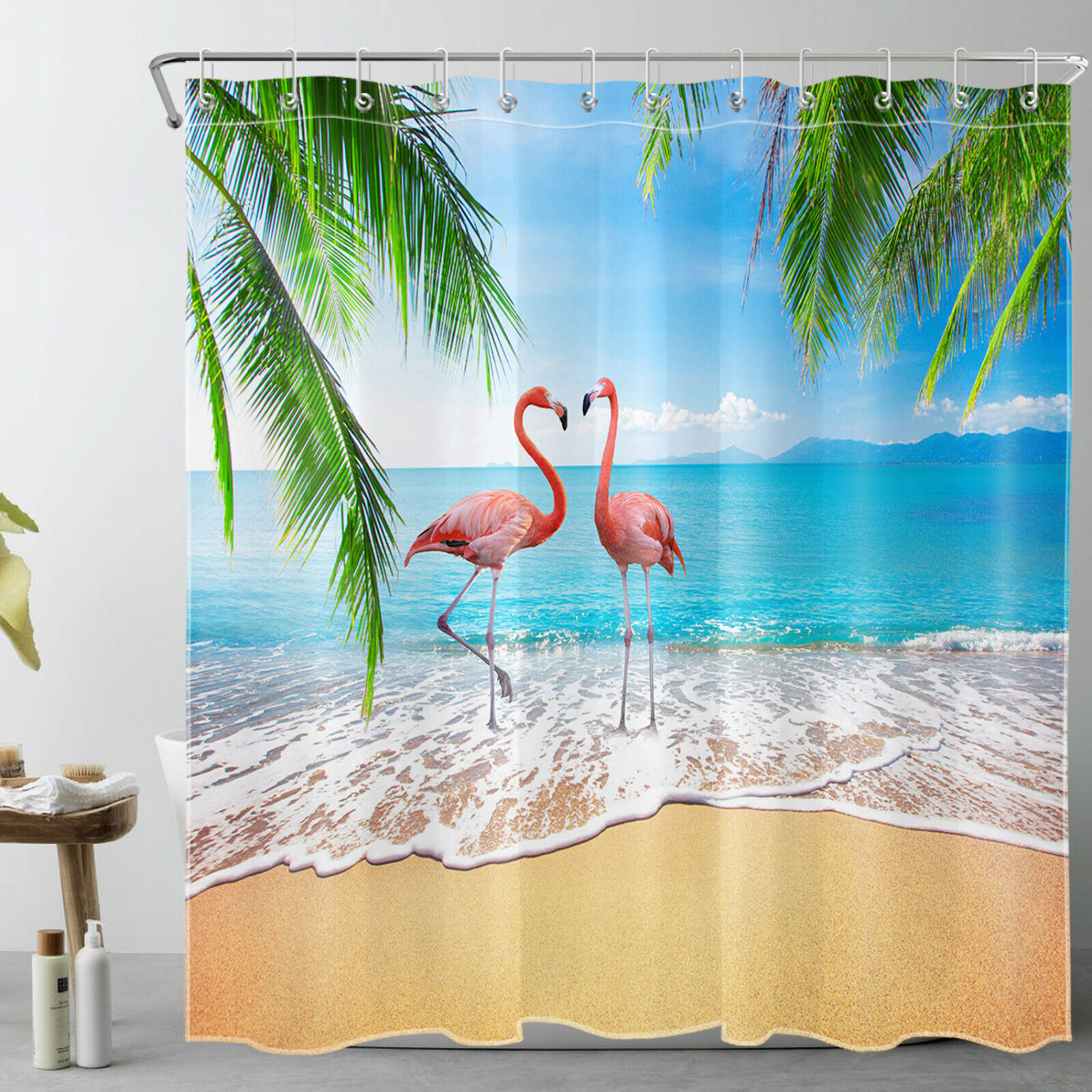 Flamingo Paradise Shower Curtain With Pink Flamingo Design - Image 2