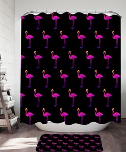 Flamingo Pattern Purplish Shower Curtain Set with Tropical Theme for Relaxing Bathroom Decor
