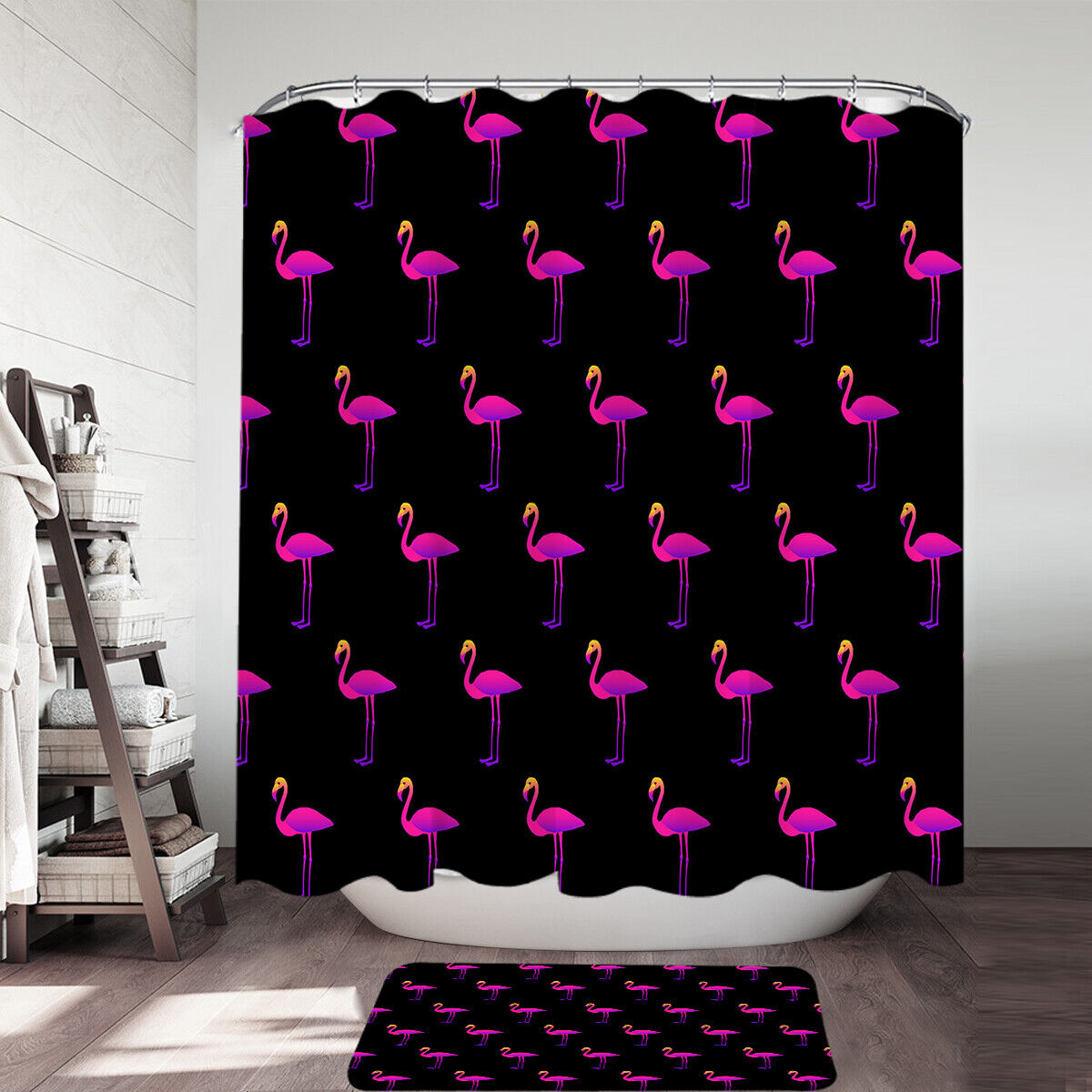 Flamingo Pattern Purplish Shower Curtain Set with Tropical Theme for Relaxing Bathroom Decor