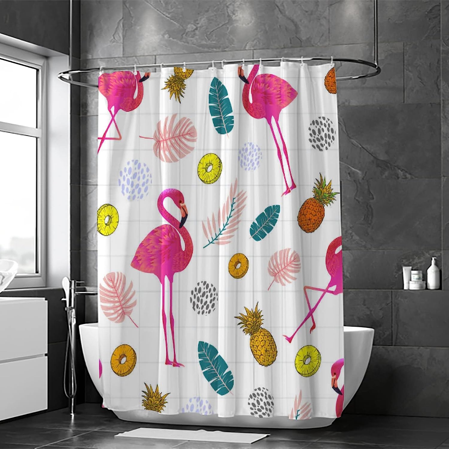 Flamingo Pink Pineapple Bath Curtain, Waterproof Bathroom Decor by Vantaso