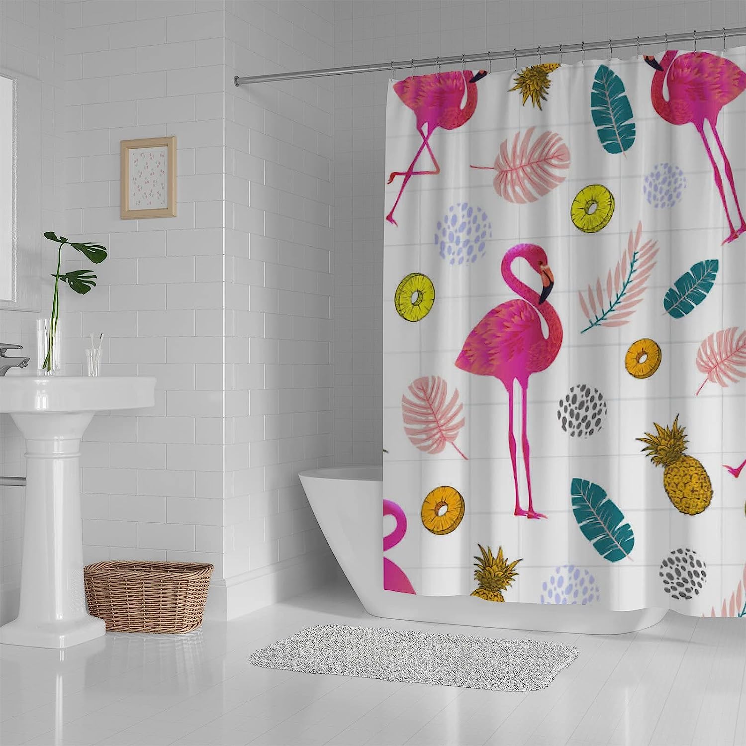 Flamingo Pink Pineapple Bath Curtain, Waterproof Bathroom Decor by Vantaso