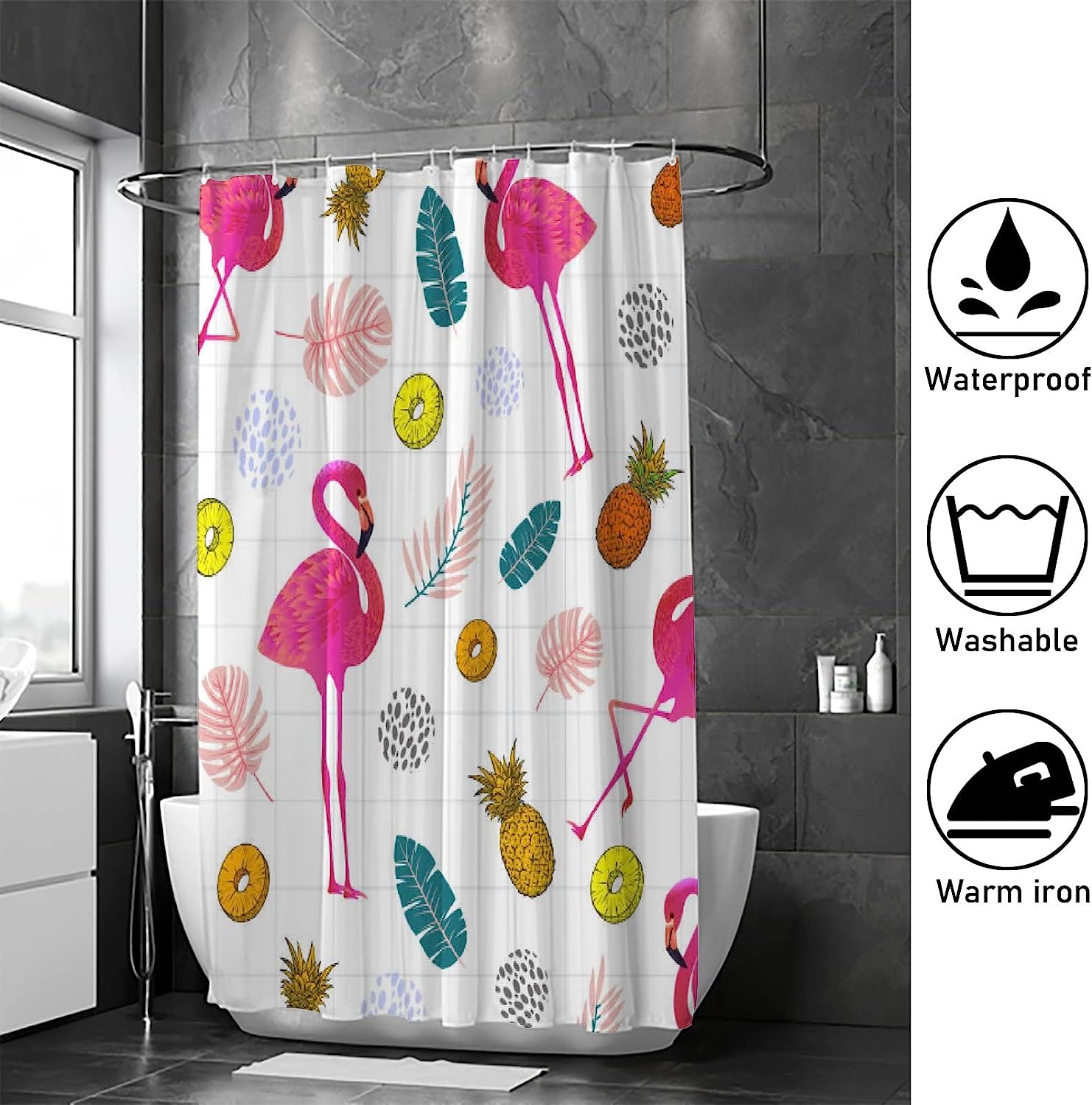 Flamingo Pink Pineapple Bath Curtain, Waterproof Bathroom Decor by Vantaso