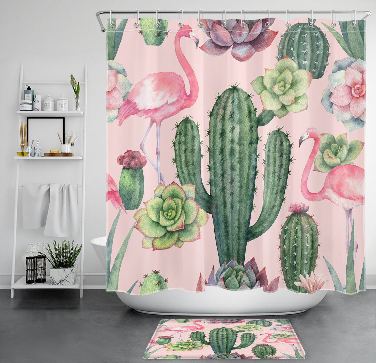 Flamingo Pink Succulent Plant Shower Curtain, Perfect Bathroom Decor