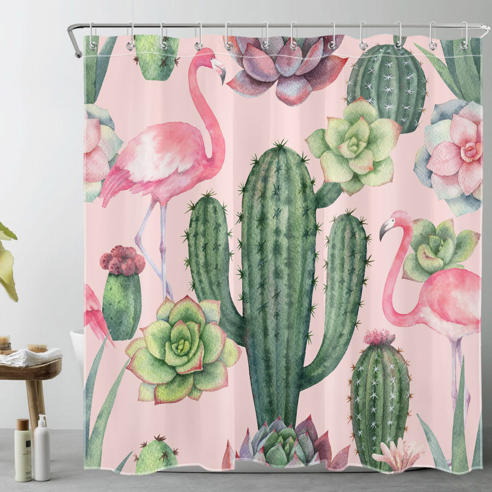 Flamingo Pink Succulent Plant Shower Curtain, Perfect Bathroom Decor
