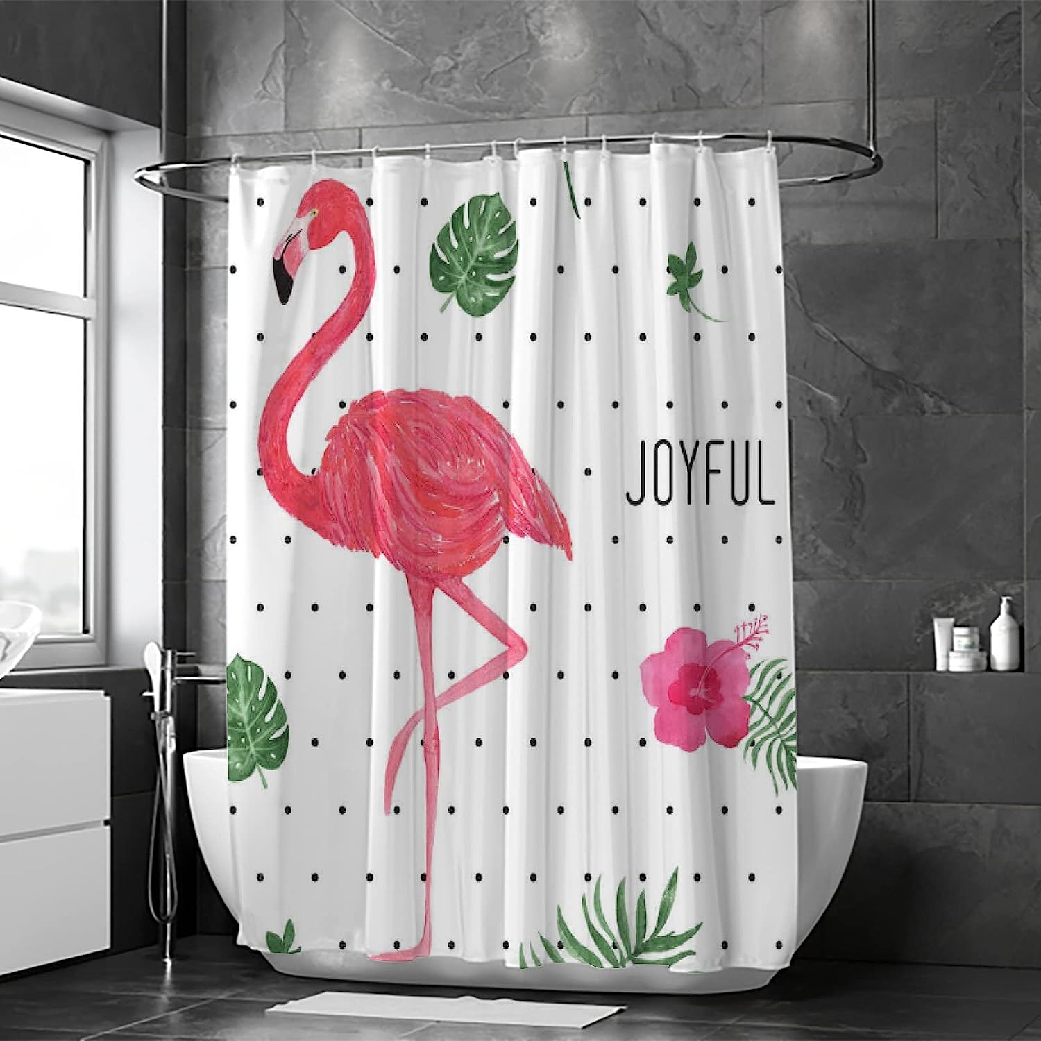 Flamingo Polka Dots Waterproof Shower Curtain by Vantaso