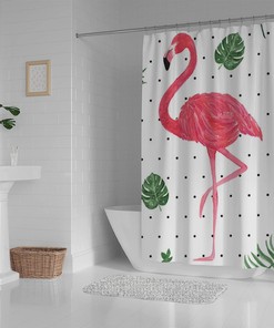 Flamingo Polka Dots Waterproof Shower Curtain by Vantaso