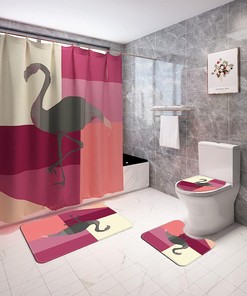 Flamingo Print Waterproof Bath Curtain Set With Shower Curtain And Accessories Kids Bathroom Shower Curtain