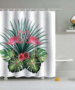 Flamingo Shower Curtain - Pink Flamingo Design With Spring Flowers, Cute Art Style - Home Decor For Modern Bathroom