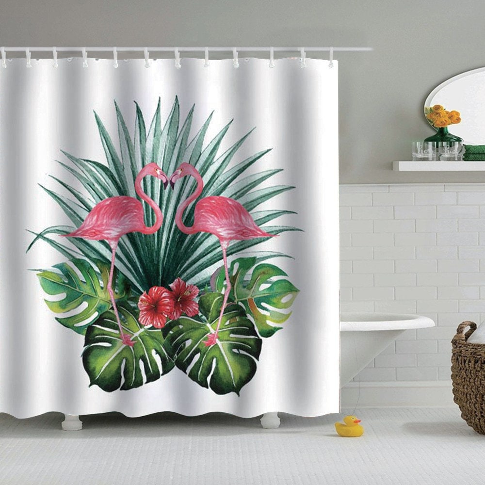 Flamingo Shower Curtain - Pink Flamingo Design With Spring Flowers, Cute Art Style - Home Decor For Modern Bathroom