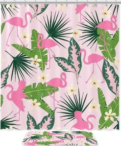 Flamingo Silhouettes And Plants Restroom Shower Curtain - Add Some Flair To Your Bathroom