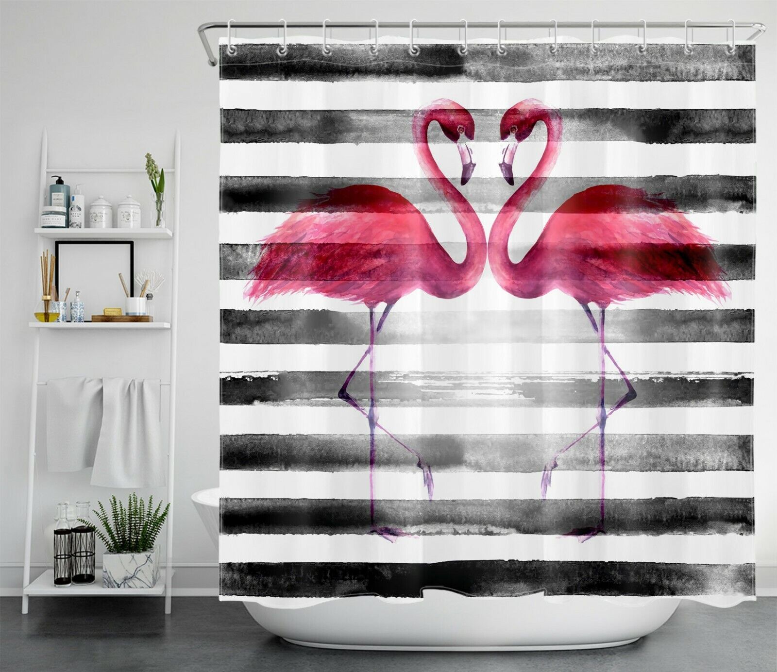 Flamingo Stripe Tropical Print Shower Curtain For Bathroom - Image 2