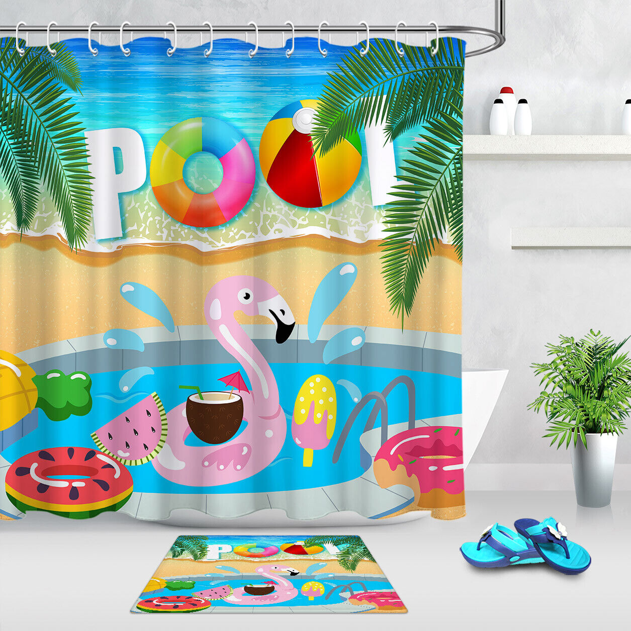 Flamingo Swimming Pool Cartoon Design Fabric Shower Curtain Bathroom Decor