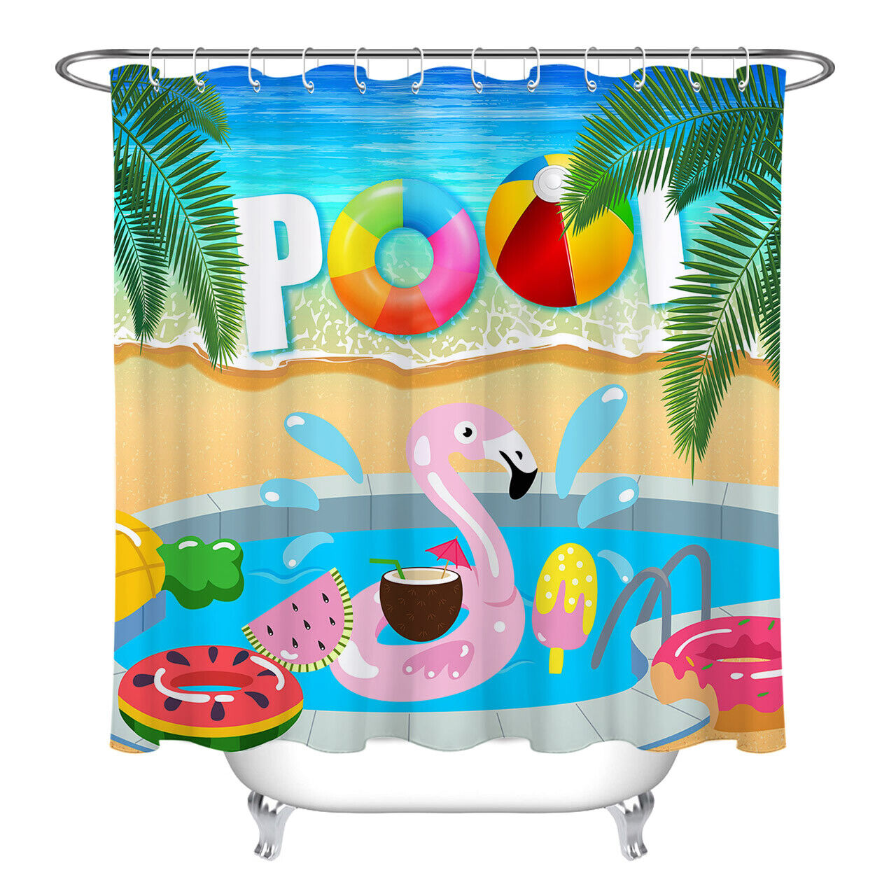 Flamingo Swimming Pool Cartoon Design Fabric Shower Curtain Bathroom Decor - Image 2