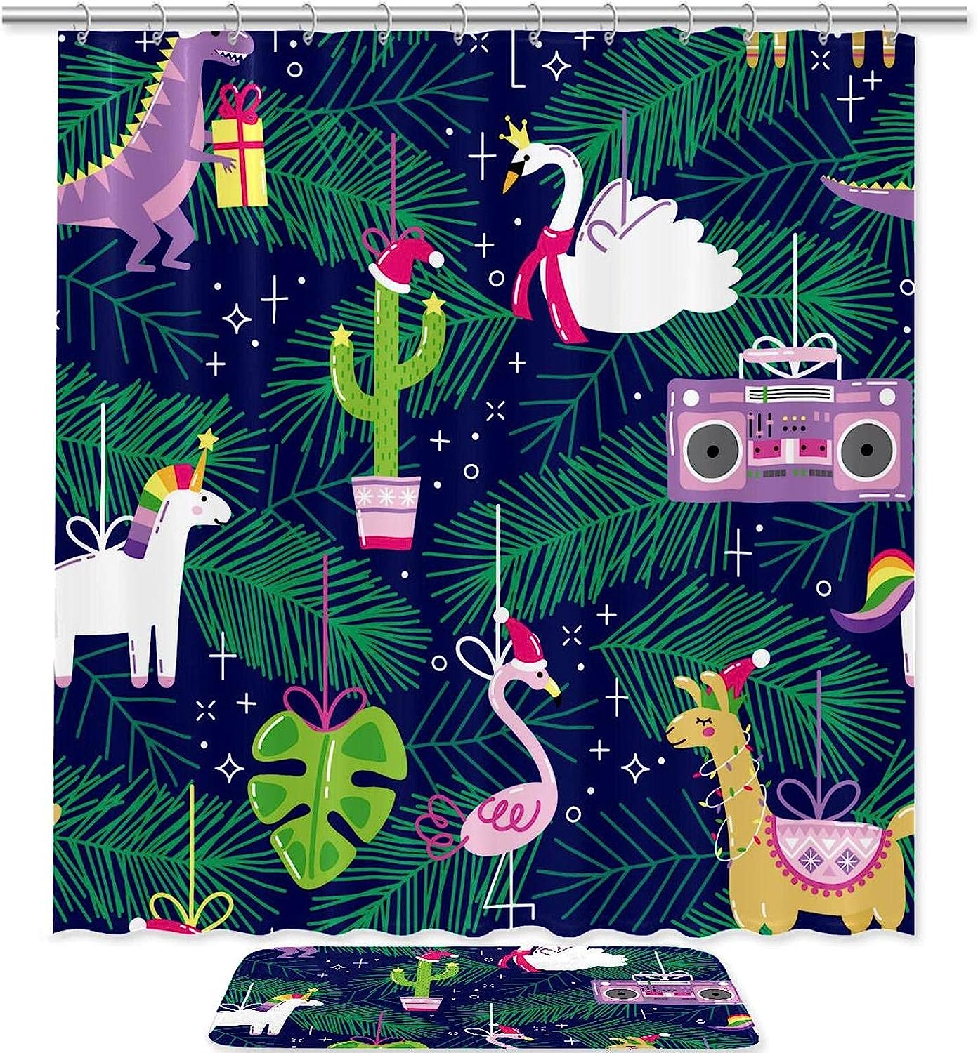 Flamingo Unicorn Christmas Shower Curtain - Decorative Bathroom Accessory