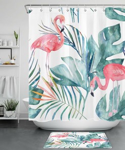 Flamingo Watercolor Nature Plant Shower Curtain, Tropical Bathroom Decor