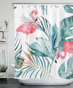 Flamingo Watercolor Nature Plant Shower Curtain, Tropical Bathroom Decor