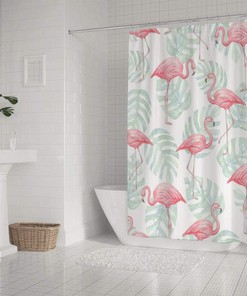 Flamingo and Leaves Watercolor Shower Curtain, Tropical Bathroom Decoration 